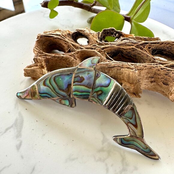 Sterling Silver & Abalone Dolphin Brooch Signed EPB 925 Vintage Hallmarked Jewel - Picture 2 of 8